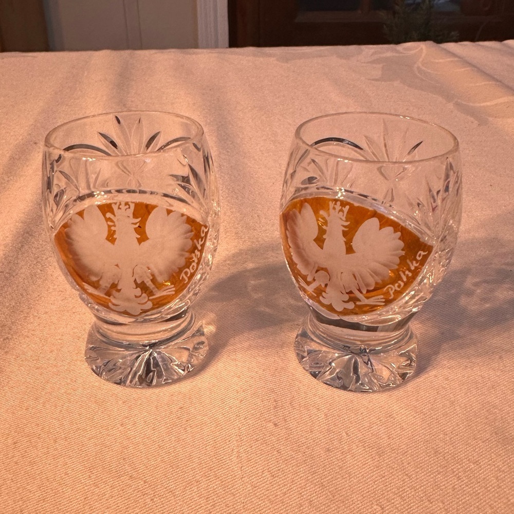 Set of Cut Crystal Shot Glasses From Poland w/National Emblem Polish Eagle